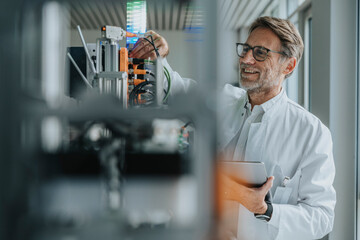 Smiling male scientist holding digital tablet inventing machinery in laboratory