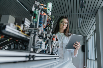 Young woman using digital tablet while standing by machinery in laboratory