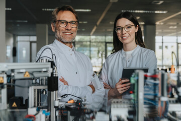 Smiling male and female scientists standing by machinery in laboratory