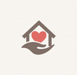 House with heart inside house and caring hand, vector sign. Symbol care for elderly at home, care logo template for loved ones, pensioners, injured, elderly and disabled. Isolated vector logotype - obrazy, fototapety, plakaty