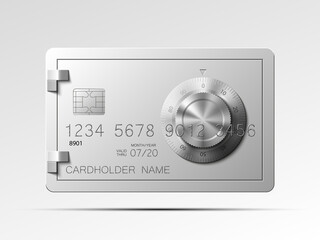Realistic credit card template with code lock online payments security concept illustration