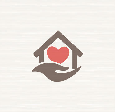 House with heart inside house and caring hand, vector sign. Symbol care for elderly at home, care logo template for loved ones, pensioners, injured, elderly and disabled. Isolated vector logotype