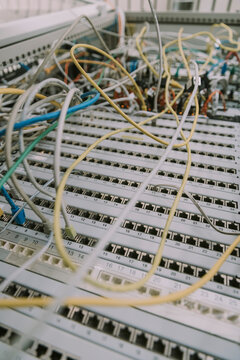 Close-up of cables in computer equipment at data center