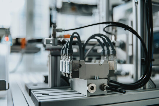 Close-up of machinery with cables on table in laboratory at factory