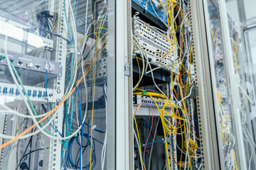 Close-up of cables in computer equipment at data center