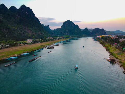 Vietnam, Quang Binh Province, Aerial view of Con River at dusk