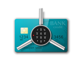 Credit card safe combination lock. Protection credit card. Safety badge banking. Defense finans. Security Plastic card software. Debit card electromagnetic chip Privacy Electronic money funds transfer