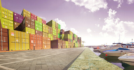 Street with shipping containers and expensive bots 3D illustration