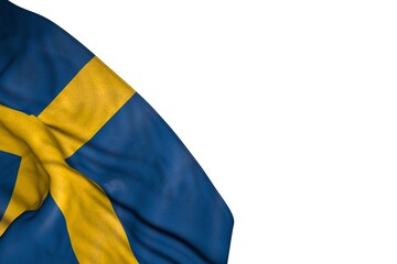 wonderful any feast flag 3d illustration. - Sweden flag with big folds lying flat in bottom left corner isolated on white