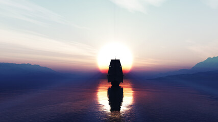 old ship at sea sunset illustration