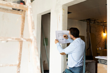 Architect working on plan in a house under construction