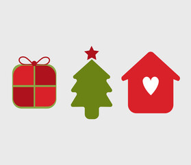 Fototapeta premium Illustration of thee icons, symbols of Christmas season. Christmas tree, gift package and home family with love.
