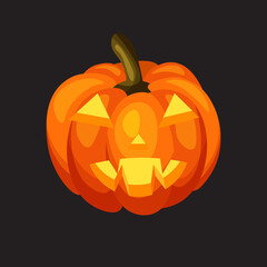 Halloween pumpkin with a cut-out grimace isolated on dark background. Happy Halloween concept or template. Autumn holidays. Vector Illustration.	
