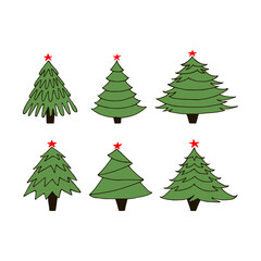 Set of hand drawn green New Year trees on white background. Vector illustration.