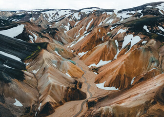 Landmannalaugar rainbow mountains from the birds eye view. Drone photography in the Highlands of Iceland. Tourism in Iceland