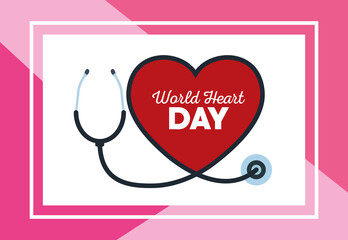world heart day lettering with stethoscope in pink background