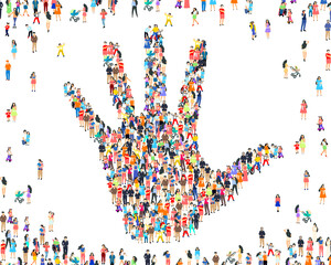 People hand sign, happy group of people, life forum. Vector