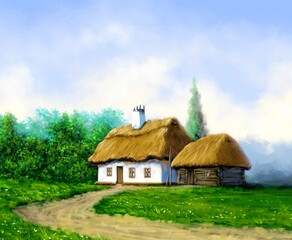Fototapeta na wymiar Oil paintings rural landscape, wooden house in the countryside