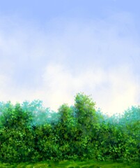 Oil paintings rural landscape, green forest and blue sky