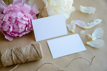 Business cards mockup with peonies, business card photo, floral business card template, jpg