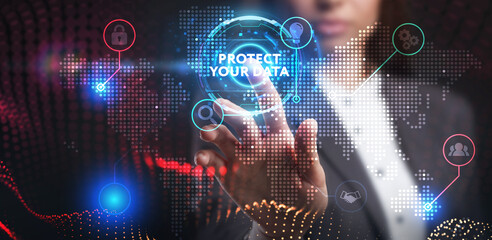 Business, Technology, Internet and network concept. Young businessman working on a virtual screen of the future and sees the inscription: Protect your data