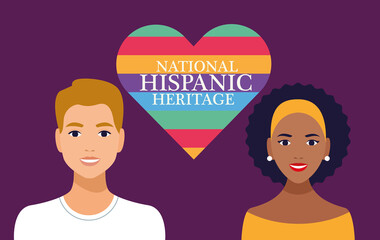 national hispanic heritage celebration with couple and lettering in heart scene