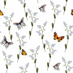 Forget-me-not and butterfly. Floral seamless pattern with butterfly and forget-me-not flowers on a white background. 