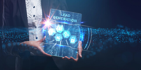 Business, Technology, Internet and network concept. Young businessman working on a virtual screen of the future and sees the inscription: Lead generation