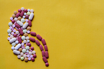 Medicine pills tablets capsules in shape of human kidney in yellow background with space for text