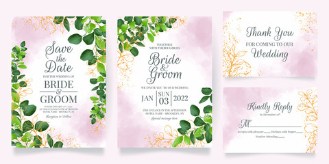 watercolor creamy wedding invitation card template set with golden floral decoration 