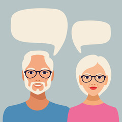 old couple persons with speech bubbles characters