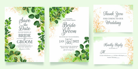 watercolor creamy wedding invitation card template set with golden floral decoration 