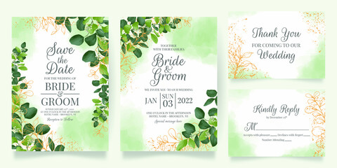 watercolor creamy wedding invitation card template set with golden floral decoration 