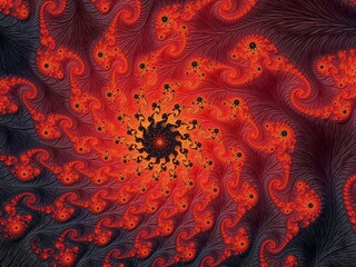 Abstract Red & Orange Fractal Background - As far as the eye can see, the octopus roams the sea. Bold orange and red fractals surround a darkly-lit center. It's the aquarium you don't have to feed!