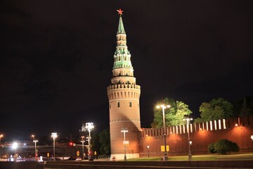 Fototapeta premium Colorful panorama of the Moscow Kremlin at night. Night city lights