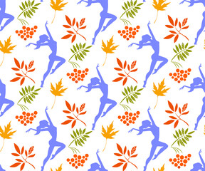 Vector autumn leaves and ballerina seamless pattern. Creative background with leafs