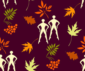 Fototapeta na wymiar Vector autumn leaves and pumpkin seamless pattern. Creative background with leafs