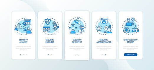 Cybersecurity jobs onboarding mobile app page screen with concepts. Engineer, chief officer, architect walkthrough 5 steps graphic instructions. UI vector template with RGB color illustrations