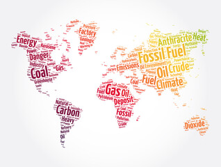 Fototapeta na wymiar Fossil Fuel word cloud in shape of world map, concept background