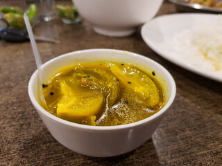 kaccha aam chutney unripe sweet n sour mango pickle on a china clay bowl