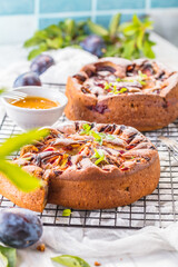 close-up view of delicious sweet fruit pies with organic plums