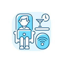 Lounge car blue RGB color icon. Public transport with wifi. Comfortable railway service, relaxing trip. Train passenger using free wi fi isolated vector illustration