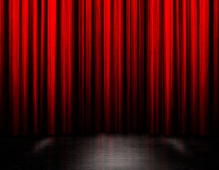 Beautiful red silk curtains as dark background decoration design, ideas. 3d illustration