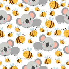 Seamless pattern with koala babies and yellow bees. White background. Floral ornament. Flat сartoon style. Cute and funny. For kids postcards, textile, wallpaper and wrapping paper. Spring and summer