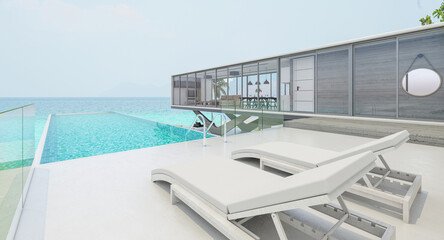 Sea view swimming pool in modern loft design,Luxury ocean Beach house, 3d rendering