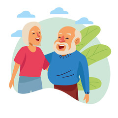 old couple happy outdoor scene active seniors characters