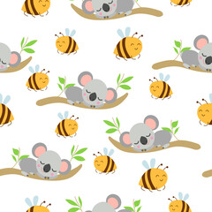 Seamless pattern with koala babies sleeping on eucalyptus branches and Yellow bees. White background. Flat design. Cartoon style. Cute and funny. For kids textile, wallpaper and wrapping paper. Summer