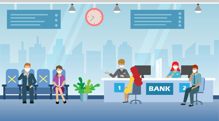 Obraz premium New normal, social distancing in workplace office. People wearing face mask, talking with bank officers.Idea for credit, deposit and financial consultation at bank during covid-19 coronavirus pandemic