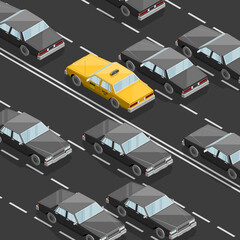 Fototapeta premium Flat 3D isometric yellow taxi cab model. City transport car traffic road. Sedan taxi motor car. Urban classic motor vehicle. Auto infographic traffic route. isometric automobile street