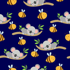 Seamless pattern with koala babies sleeping on eucalyptus branches and Yellow bees. Dark blue background. Flat design. Cartoon style. Cute and funny. For kids textile, wallpaper and wrapping paper